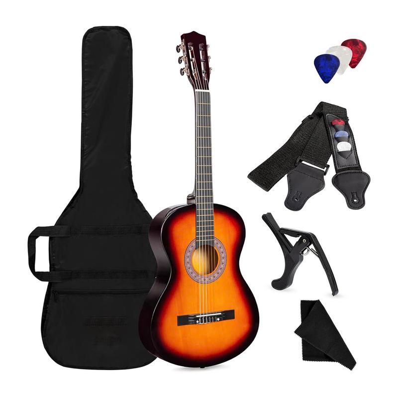 38in Beginner All Wood Acoustic Guitar Starter Kit w Gig Bag, 6 Celluloid Picks, Nylon Strings, Capo, Cloth, Strap w Pick Holder - Sunburst - SUNSET INSTRUMENTS