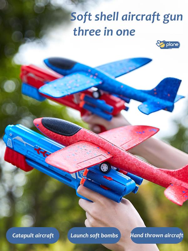 Soft Shell Aircraft Launcher(Three Playgame in One),Blue Plane and Red Launcher for kids outdoor play fly toy