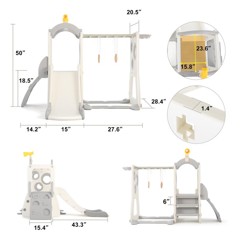 JOYLDIAS 6 in 1 Toddler Slide, Freestanding Slide for Kids w Basketball Hoop, Climbing Ladder, Horizontal bar, Hanging Rings and Telescope, Indoor Outdoor Backyard Playground Toy for Toddlers Age 3+