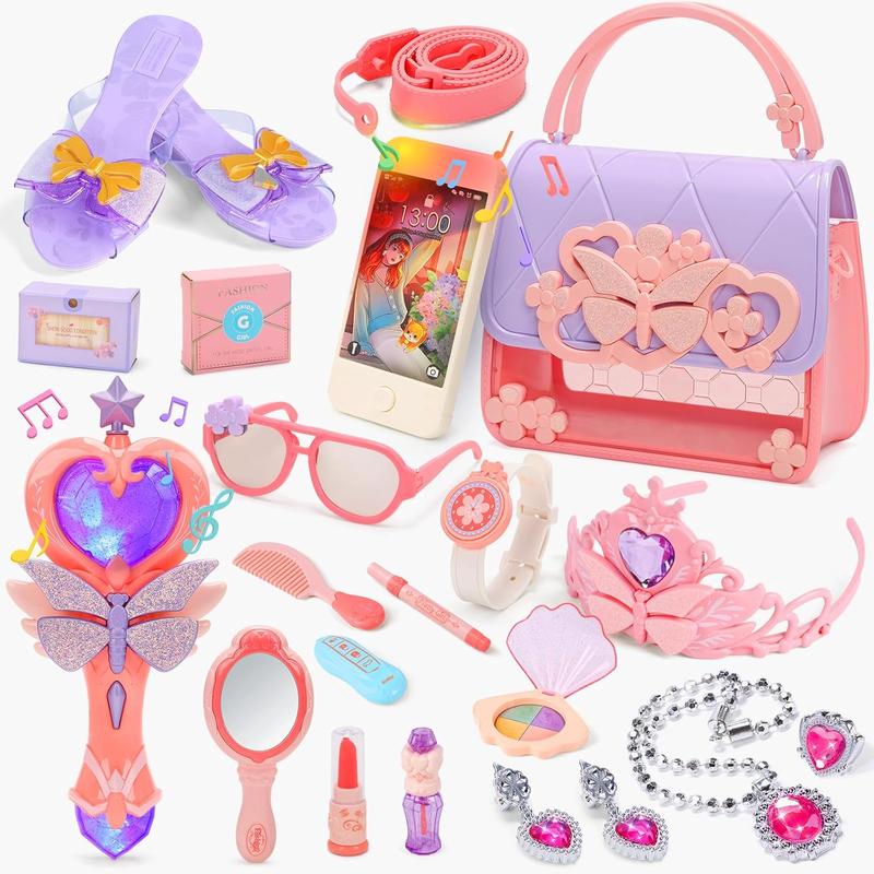 Christmas Gift Little Girls Play Purse, Toddler Purse with Handbag, Heels, Christmas Gift Pretend Makeup Kit, Toy Phone, Light-Up Magic Wand, My First Purse Set with Princess Jewelry