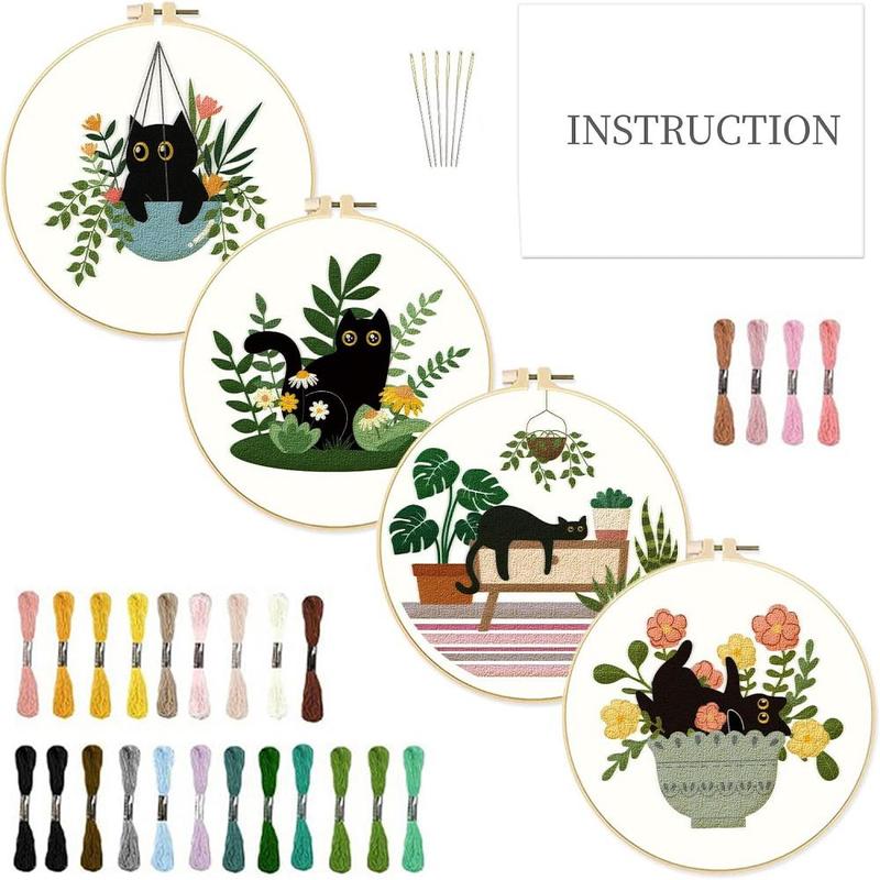 Room Decor Summer DIY Embroidery Kit, 1 Set Included 4 Cat & Plant Pattern Embroidery Cloth, 2 Embroidery Hoop, 6 Needle, 1 Threader, 1 Scissor, 38 Color Embroidery Floss