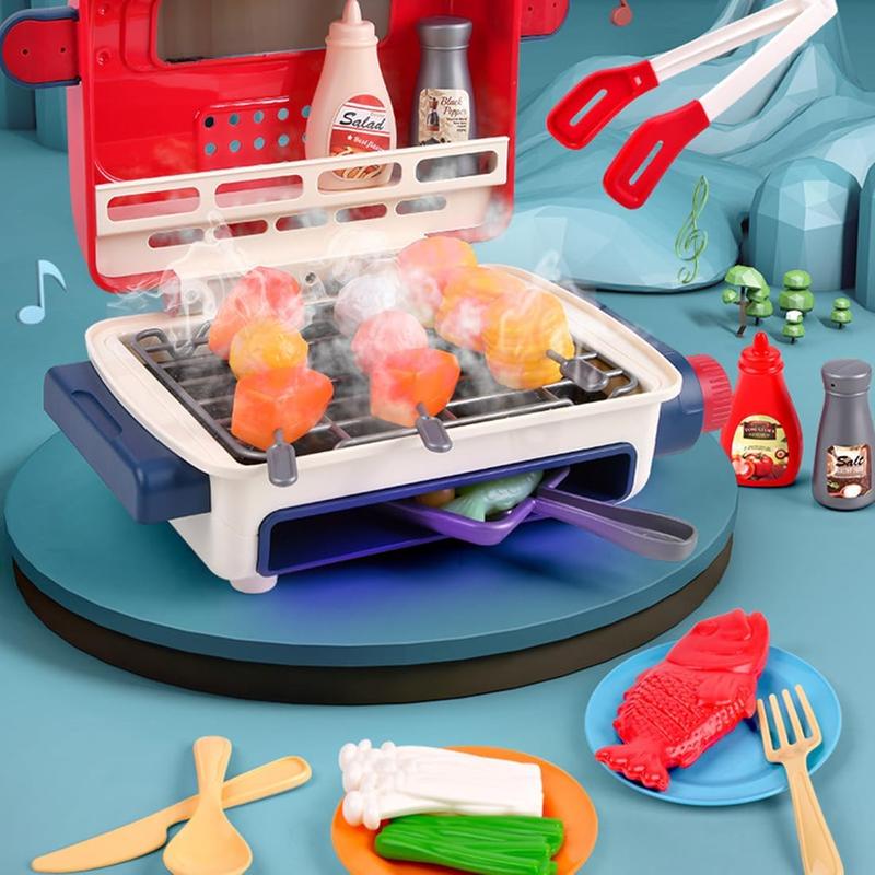 Kids BBQ Grill Toy, Barbecue Kitchen Cooking Playset with Realistic Spray, Light & Sound, Color Changing Play Food & Dishes Toy, cooking  set