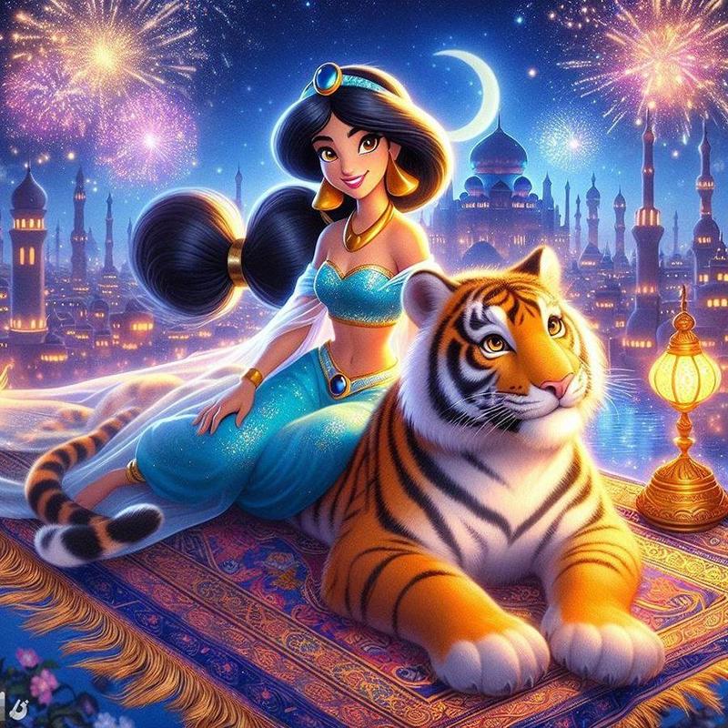 Princess Jasmine & Tiger Pattern DIY Diamond Arts Colorful Painting Kit without Frame, DIY 5D Diamond Arts Colorful Painting for Bedroom Home Wall Decor