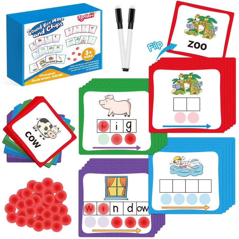 Elkonin Boxes Phonemic Awareness Phonics Games, Reading Spelling Sound homeschooling Manipulatives Sight Word Flash Cards