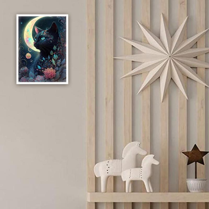 Cat & Moon Pattern DIY Rhinestones Painting without Frame, 1 Set Rhinestones Painting Kit with Tools, Painting Decor for Bedroom Living Room Office