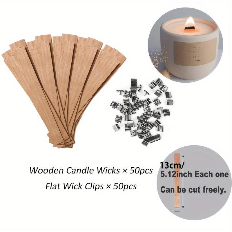 Wooden Candle Wick Set, 50pcs Wooden Candle Wick & 50pcs Wick Clip, DIY Candle Making Supplies for Home Decor