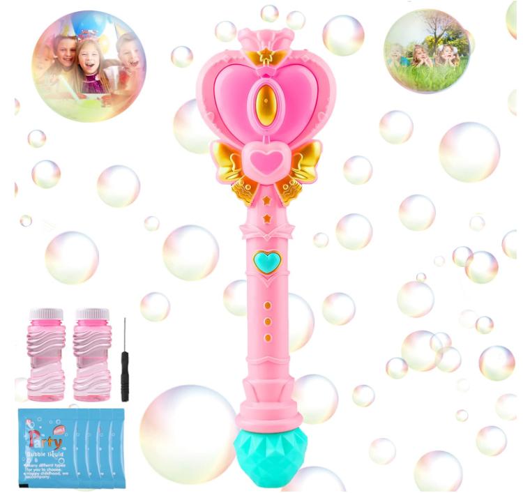 Tlkiaa Bubble Wand for Kids, Princess Heart Bubble Machine Blower Maker Wand with Light, Easter Basket Stuffers Outdoor Toys Gifts for 1-8 Years Old Toddlers Little Girls Include Bubble Solution rocket bubble wubble bubble balls bath bubblemachine