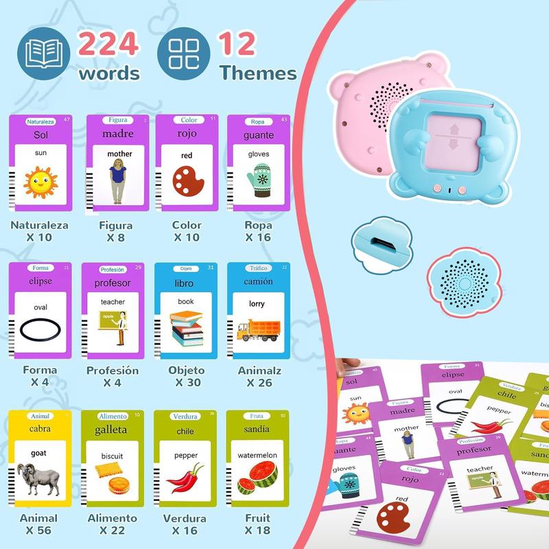 Spanish & English Talking Flash Cards Bilingual Learning Toys, Pocket Speech Toys Montessori Educational Learning Tools Interactive Toys with 224 Sight Words Christmas Gifts for Boys Girls