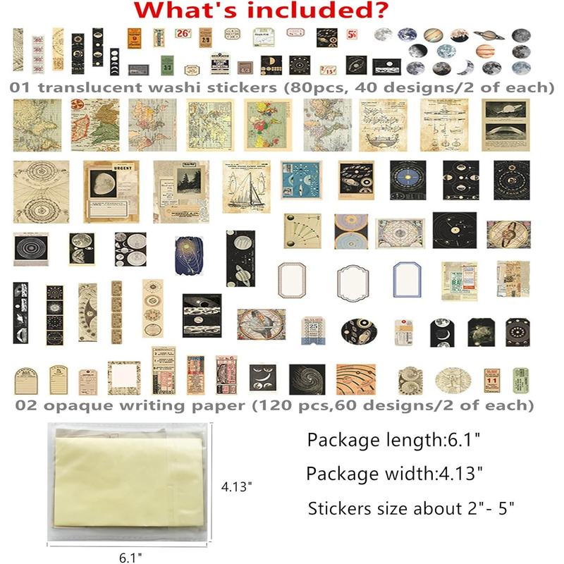 200pcs Aesthetic Stickers for Journaling - Vintage Scrapbook Stickers Journaling Supplies Space Moon Stickers Scrapbooking Supplies Paper for Bullet Journals Supplies Kit Junk Journal Planners