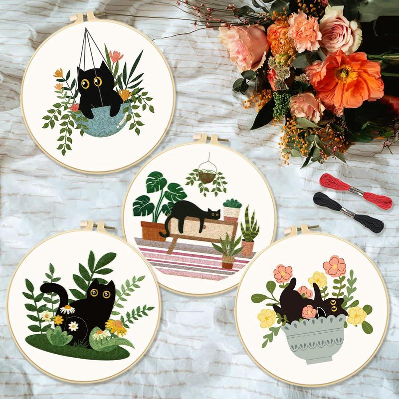 Room Decor Summer DIY Embroidery Kit, 1 Set Included 4 Cat & Plant Pattern Embroidery Cloth, 2 Embroidery Hoop, 6 Needle, 1 Threader, 1 Scissor, 38 Color Embroidery Floss