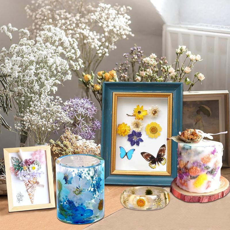 Real Dried Pressed Flower Set with Butterfly Transparent Stickers Scrapbook Decals Natural Dried Flowers Leaves with Tweezers for Resin Supplies DIY Candle Jewellery Making