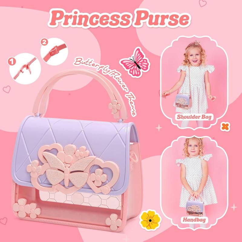 Christmas Gift Little Girls Play Purse, Toddler Purse with Handbag, Heels, Christmas Gift Pretend Makeup Kit, Toy Phone, Light-Up Magic Wand, My First Purse Set with Princess Jewelry