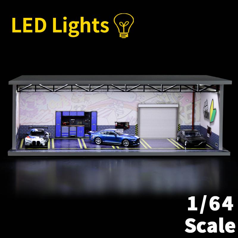 1 64 scale die-cast model car scenarios display case with LED light and Acrylic Cover, Scenes Parking lot diorama storage garage box with 6 Parking Spaces