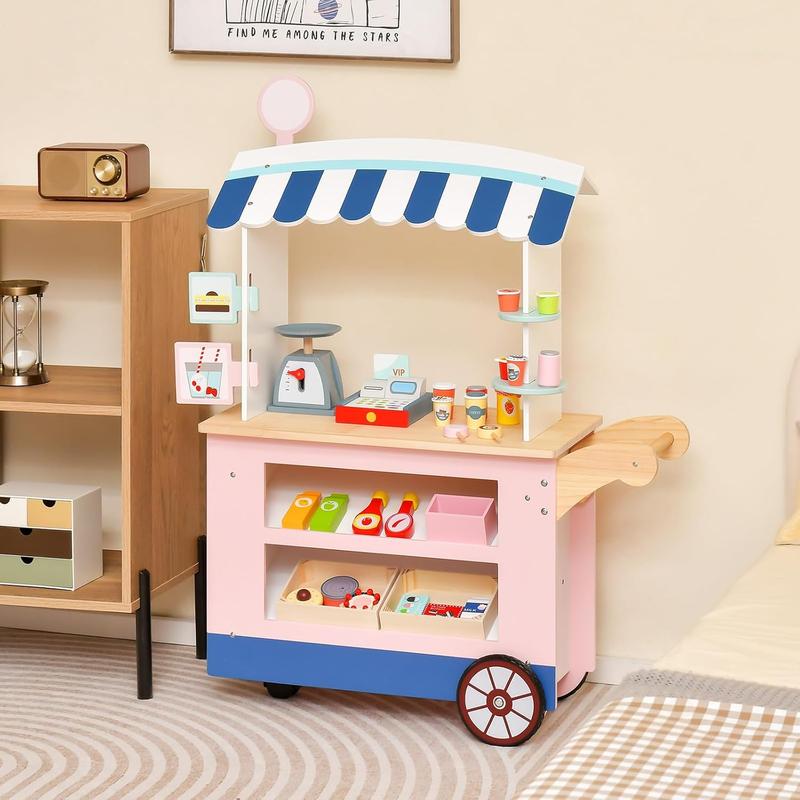 [ShopTab] Festival Joy Kids Grocery Store Playset, Wooden Supermarket Playset w Cash Register & Vending Machine Toy, Checkout Counter Stand, Grocery Store Pretend Play