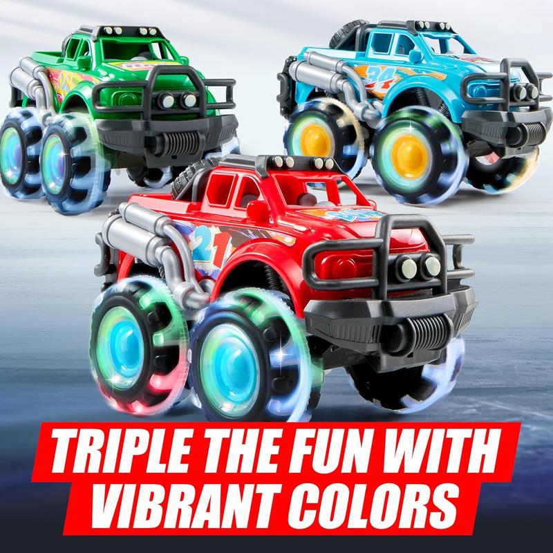 3Pack Monster Truck Toy - Toy Truck with Flashing LED Wheels - Light-Up Cars for Toddlers - Birthday Gift for Boys Girls - Friction-Powered