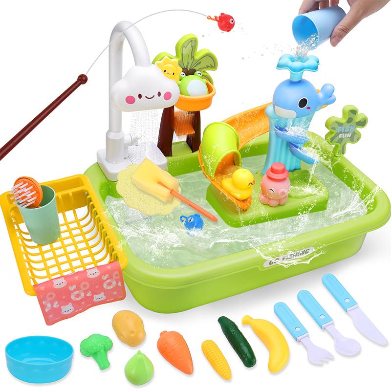 Crelloci Play Sink with Running Water, Kitchen Sink Toys with Upgraded Electric Faucet, Play Food Toys, Magnetic Fishing Set play  food