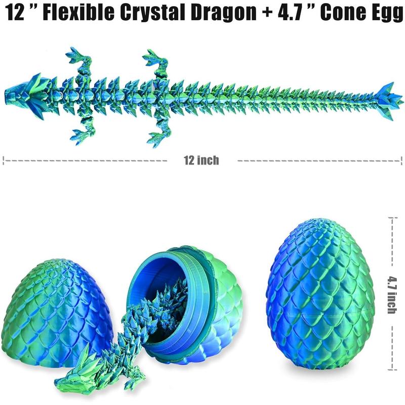 3D Printed Dragon with 3D Printed Dragon Eggs, Articulated 3D Dragon Toys, 3D Dragon Eggs with Dragon Inside, Crystal Dragon Blue Green