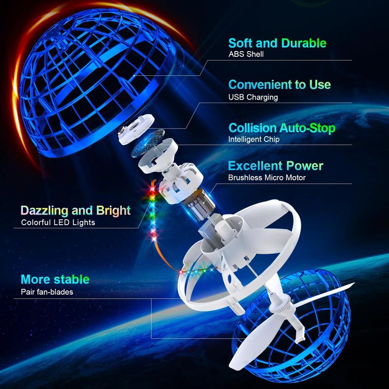 Flying ball (blue, upgraded in 2024) with dazzling lights, magic hover rotator, drone, floating universe ball, children's outdoor toy, suitable for boys and girls aged 6, 7, 8, 9, and 10