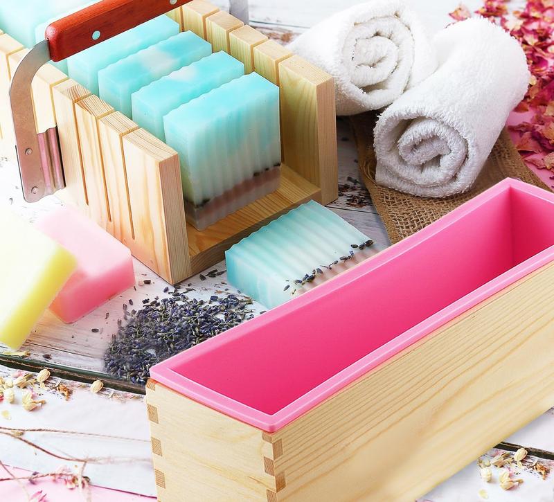 CraftZee Soap Mold and Cutting Kit with Soap Cutter, Silicone Mold with Wooden Box, Wavy and Straight Scraper, Personalized Labels and Plastic Bags