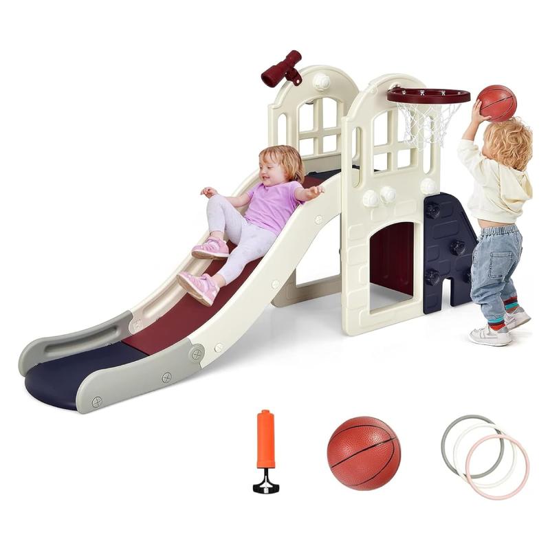 Costzon Large Slide for Kids, Slide Play Climber Set with Long Slipping Slope, Basketball Hoop and Ball, for Indoor Outdoor Backyard