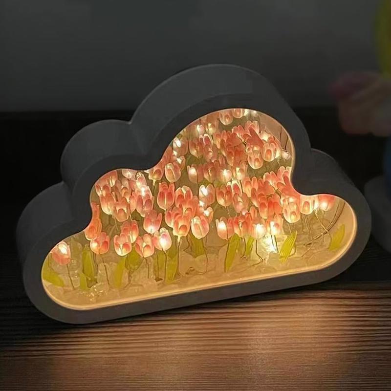 Tulip Mirror Lamp Infinity Flower Effect - Cloud-Shaped Flower Mirror & Tulip Night Light - Fully Assembled Decorative Illuminated Garden for Bedroom, Living Room & Home Decor