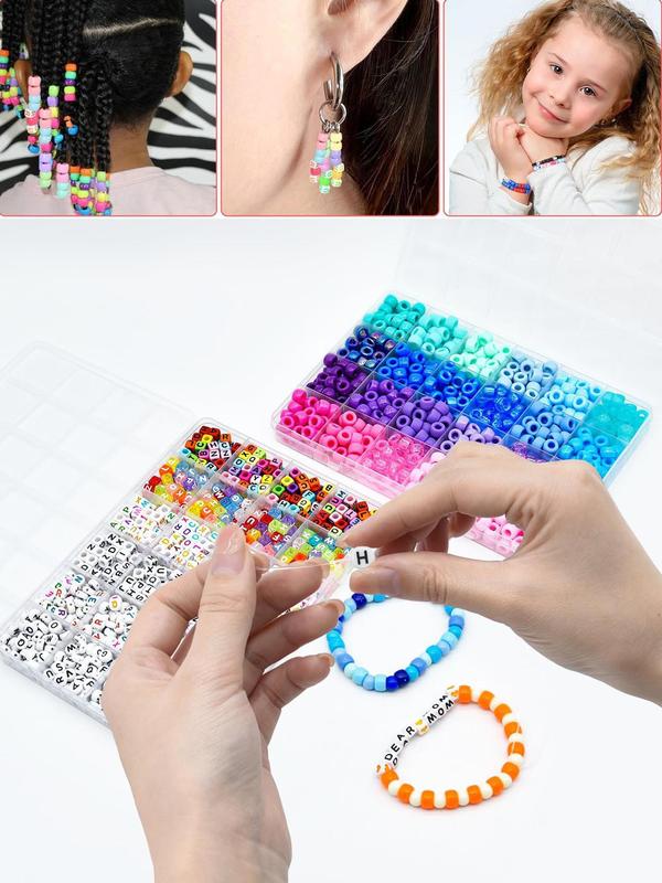 Colorful DIY Beads Kit, Including Pony Beads & Letter Print Beads, Bracelet Jewelry Making Kit, School Supplies Arts and Crafts for Kids Toys Birthday Gift