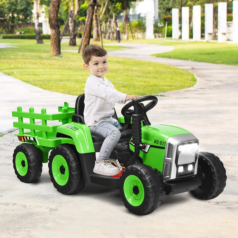 Costzon 12V Ride on Tractor with 3-Gear-Shift Ground Loader, Remote Control, LED Lights, Horn, Electric Tractor Toy w USB & Bluetooth Audio Music,Great gifts for children kid girls boys