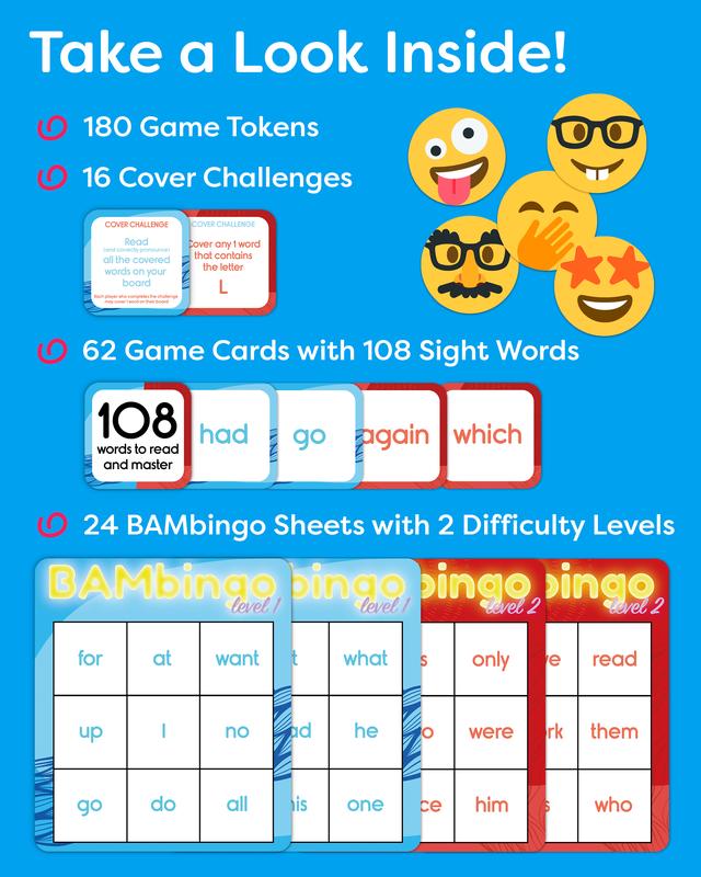 The Bambino Tree Sight Word Bingo Game Level 1 and 2 - Educational Flash Cards for Preschool Kindergarten First Grade - Dolch's Fry's Words Lists