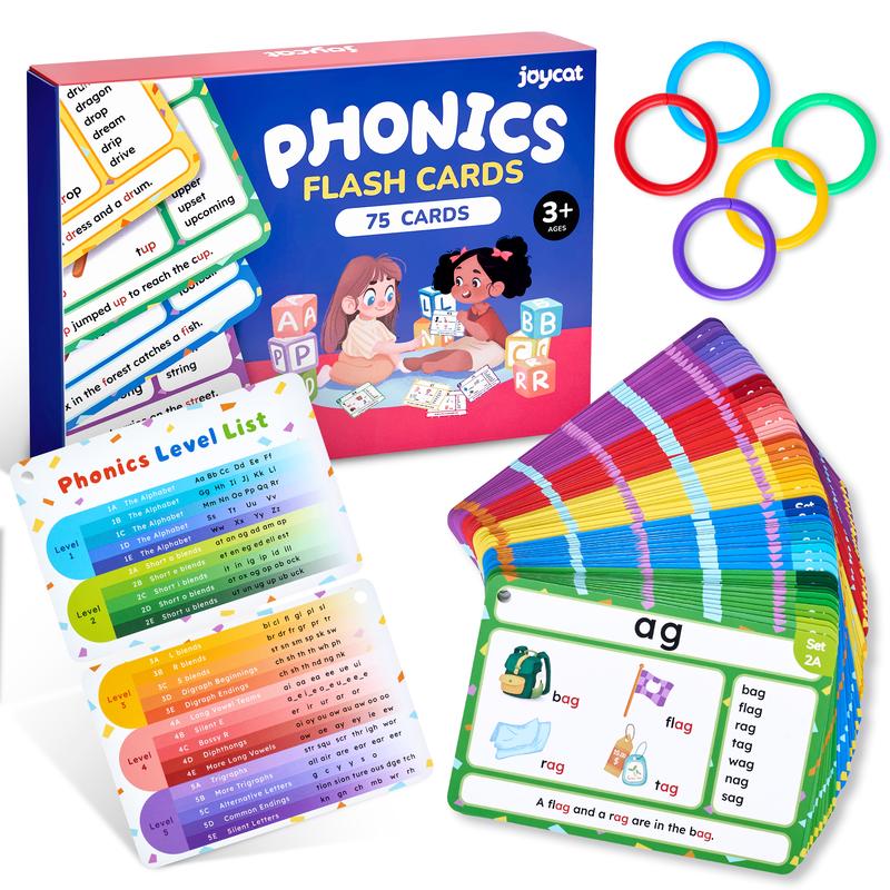 JoyCat 75 Pack Phonics Flash Cards, Learn to Read Alphabet and CVC Words in 25 Stages, Phonics Games Preschool Educational Learning Activities