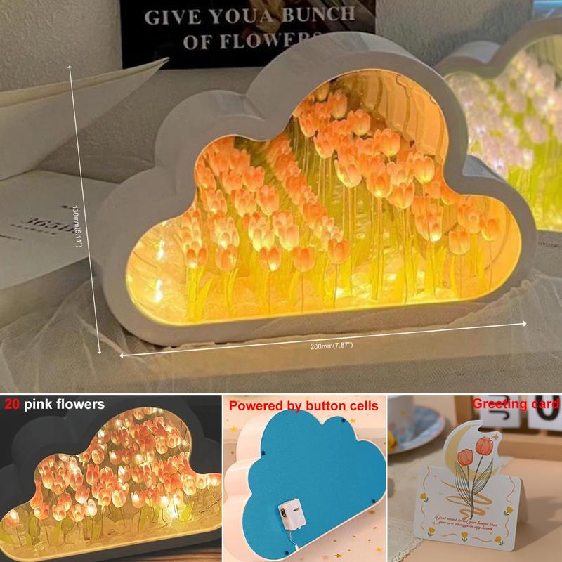 Tulip Mirror Lamp Infinity Flower Effect - Cloud-Shaped Flower Mirror & Tulip Night Light - Fully Assembled Decorative Illuminated Garden for Bedroom, Living Room & Home Decor