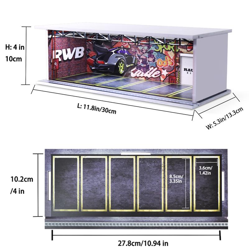 1 64 scale die-cast model car scenarios display case with LED light and Acrylic Cover, Scenes Parking lot diorama storage garage box with 6 Parking Spaces