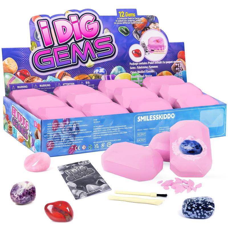 Gemstone Dig Kit - Easter Egg Dig up 12 Real Gems - Gemstones and Crystals Excavation Kit - STEM Toys Science Educational Party Gifts for Boys & Girls age 4+