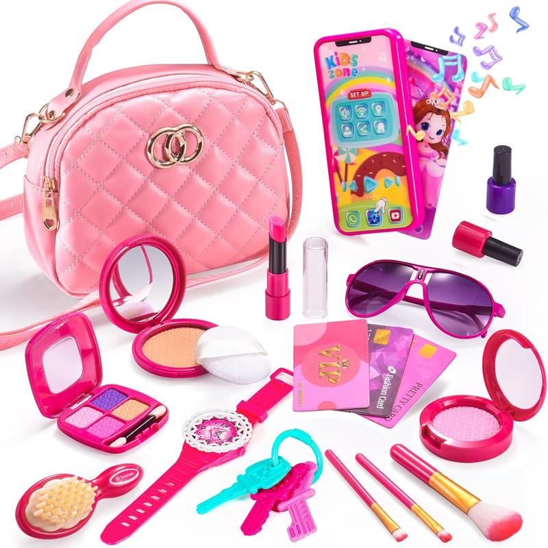 Christmas Gift   Purse for Little Girls, Pretend Play Purse with Accessories, Pink Princess Toys for 3 4 5 6 Year Old Girl Birthday Gifts