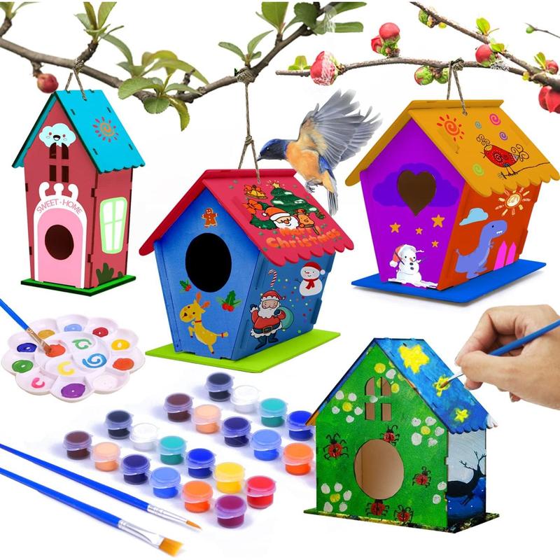 4-piece set of bird house crafts suitable for children aged 5-8-12, DIY bird house kit that children can build, 3+summer painting art and craft projects, Christmas gifts for boys and girls