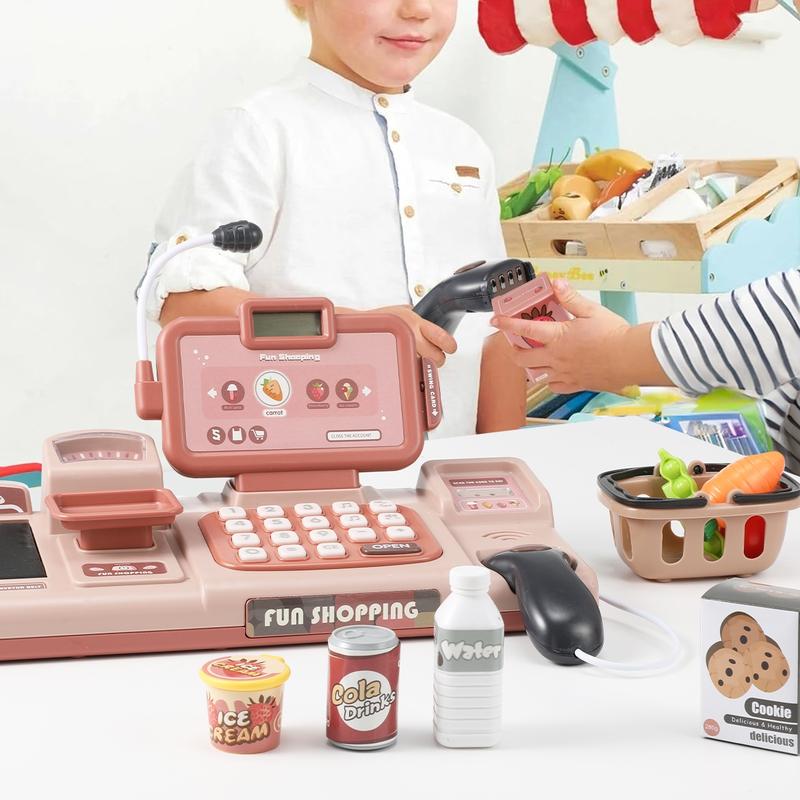 Cash Register Pretend Toy for Kids, Pretend Cash Register Playset with Scanner, Voice Recognition, Mobile Payment Function, Grocery Store Game Toys