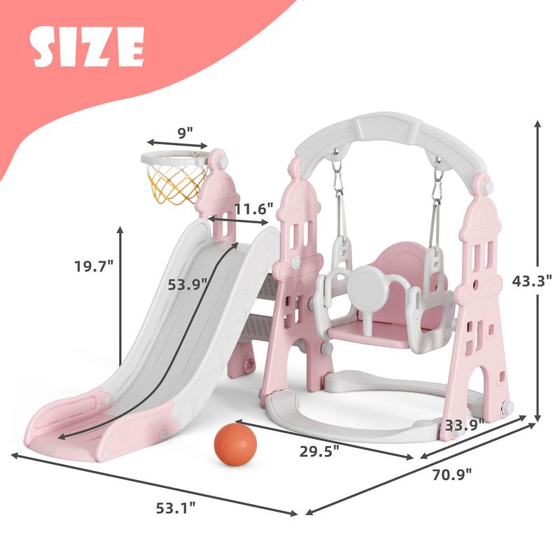 KORIMEFA 4 in 1 Kids Slide and Swing Set with Basketball Hoop, Climbing Ladder - Multifunctional Play Center for Active Fun for Kids Age 3-4 years