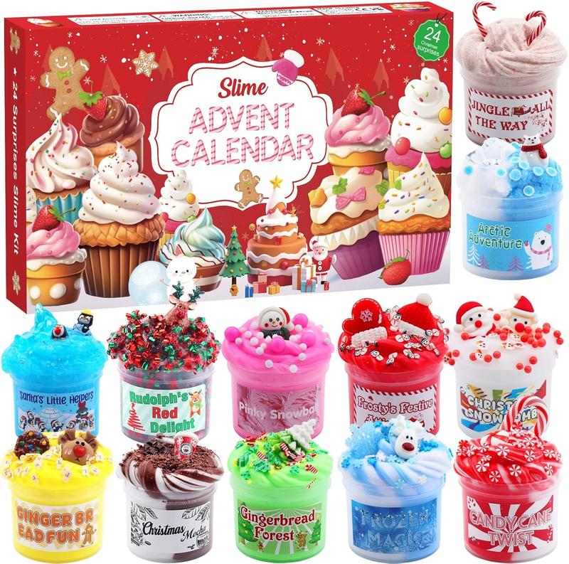 Slime Advent Calendar 2024 - Christmas Countdown Calendars 24 Days of Surprises with Different Texture Fluffy Slime Kit Funny Gifts Toy for Toddler Kids Teens Girls 4 5 6 7 8 9 10 11 12 Year Old