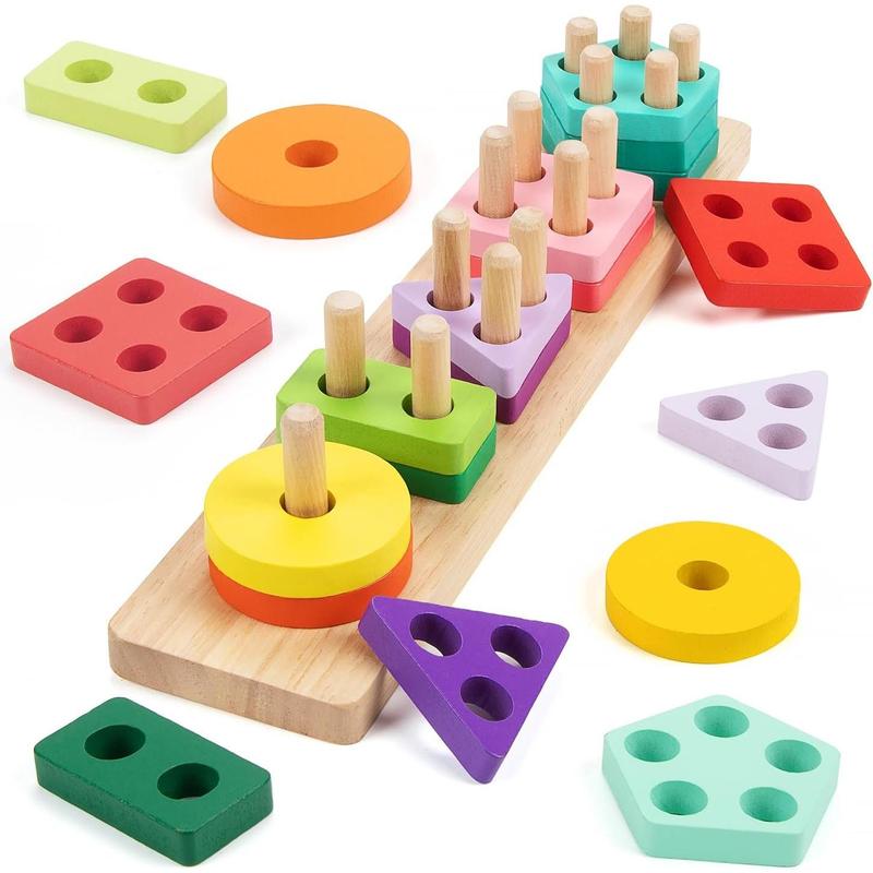 Montessori Toy Boy Girl, Wooden Blocks & Stacking Toys , Color Recognition Shape Sorter Educational Wooden Toys Preschool Learning Puzzle Gift