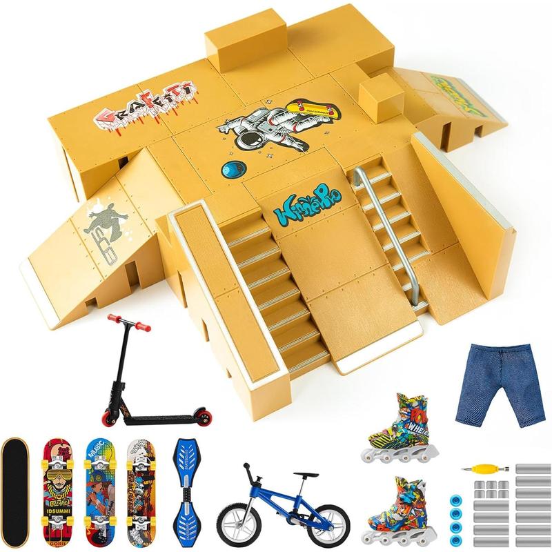 Finger Skateboard Ramp 20 PCS Set - Fingerboard Skate Park Kit, Mini Finger Toy Set with Fingerboards Bike Scooters Mini Short Finger Skateboard Ramp Decks for Kids Birthday Gift