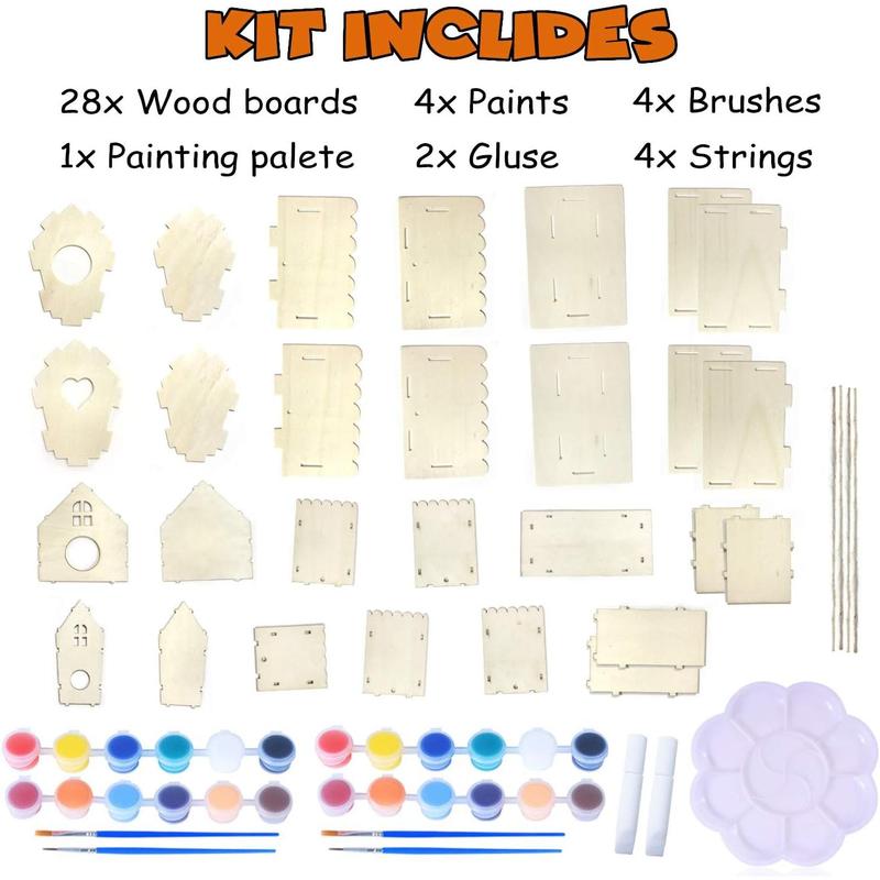 4-piece set of bird house crafts suitable for children aged 5-8-12, DIY bird house kit that children can build, 3+summer painting art and craft projects, Christmas gifts for boys and girls