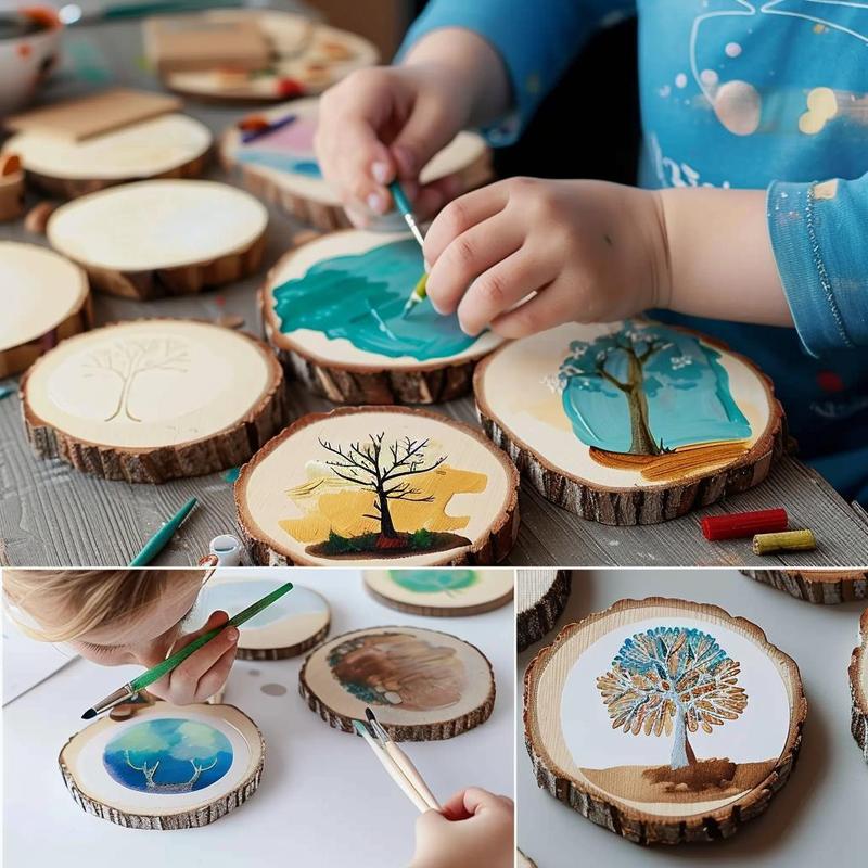 Unfinished Natural Wood Slices, 10pcs set 3.9-4.7 Inch Round Disc Wood Coaster, DIY Craft Wood Kit for Crafts, Rustic Wedding Decoration