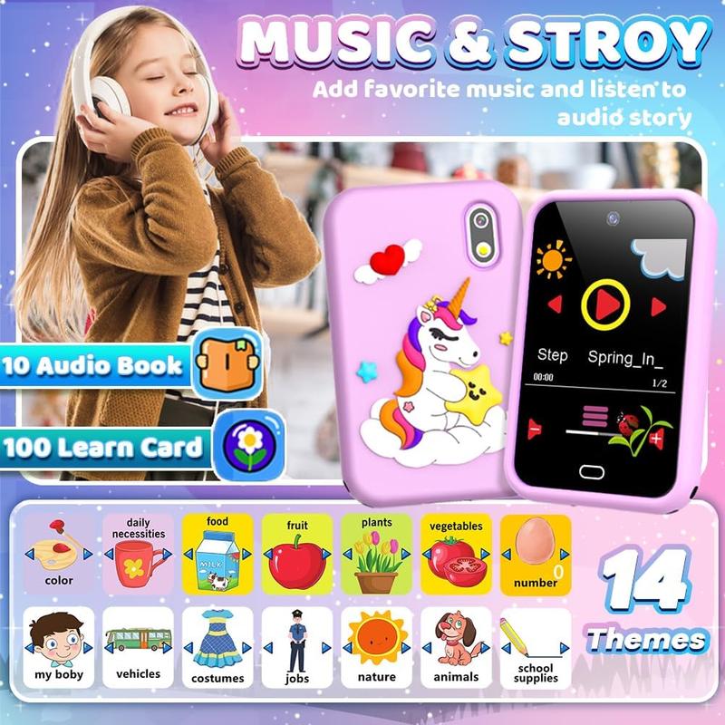 Unicorn Smart Phone Toy for Boys and Girls Age 3-8 with Dual Camera, 28 Puzzle Games, 8G TF Card, Music and Video Play, and Audible Story