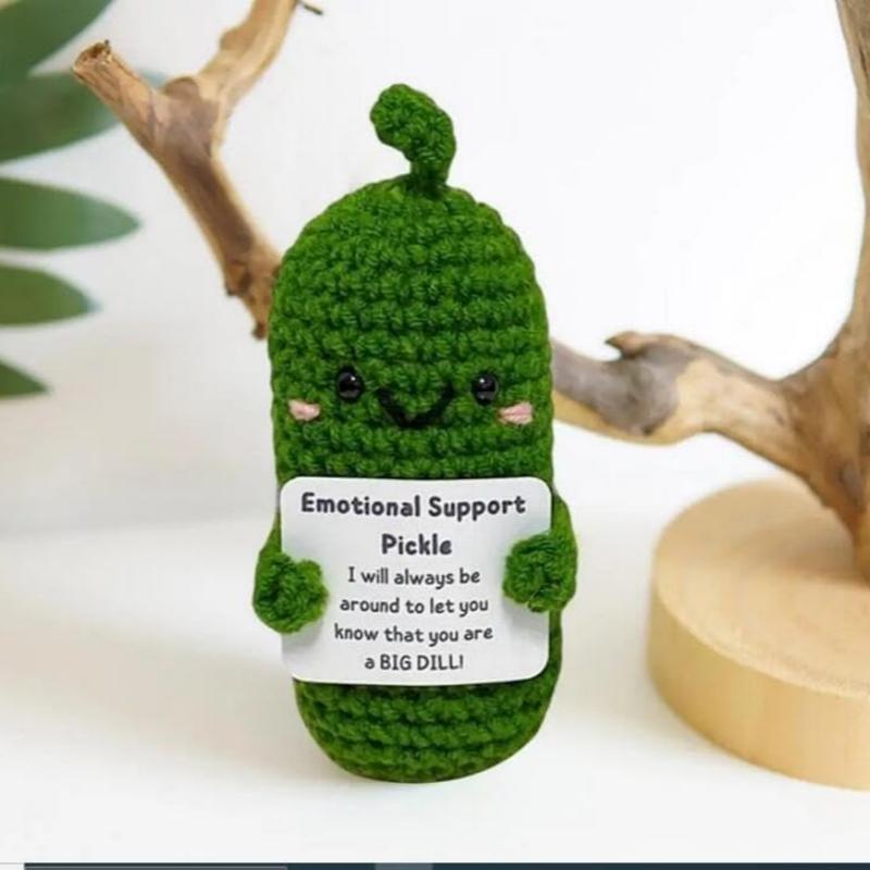 Handmade Emotional Support Pickle crochet doll with wooden base, perfect for table decor. Great Valentine's Day or birthday gift.