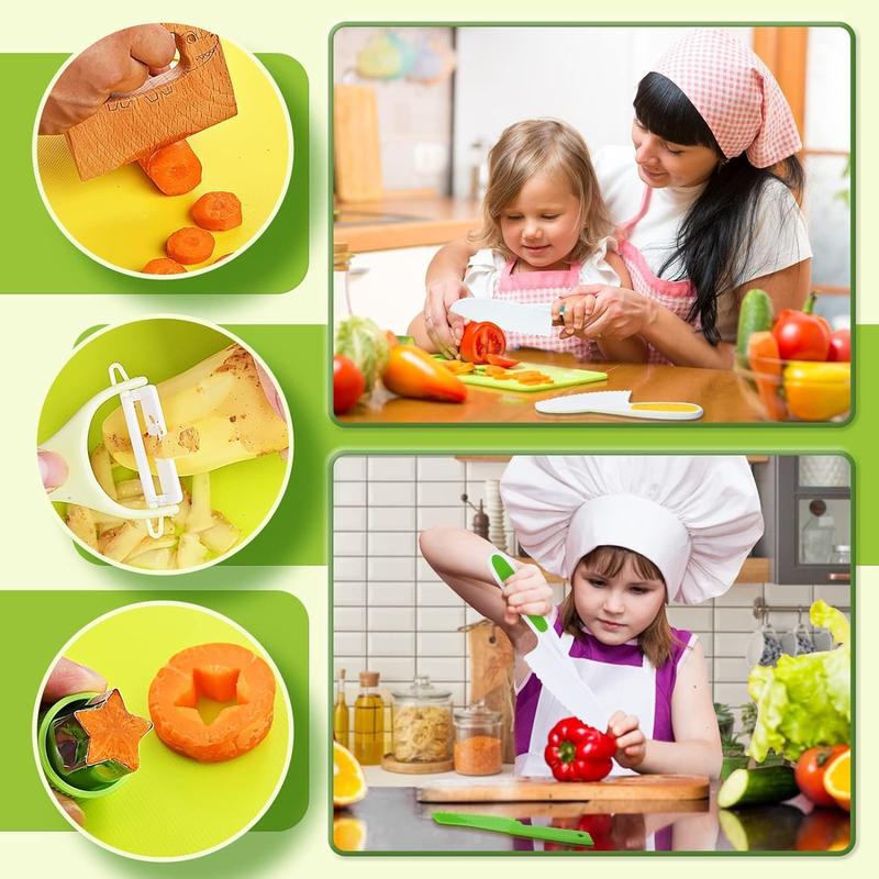 13 17 Piece Kids Baking knife Set Kitchen Tools Include Wood Kids Safe Knife, Peeler, Cutting Board Pretend play