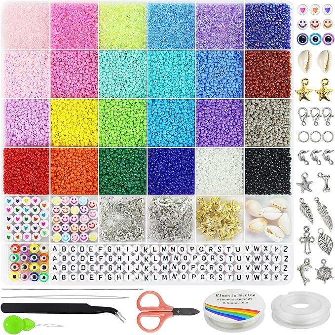 17000pcs 2mm Glass Seed Beads for Jewelry Making Kit, Small Beads Friendship Bracelets Making Kits, Tiny Waist Beads Kit with Letter Beads, DIY Art Craft Girls