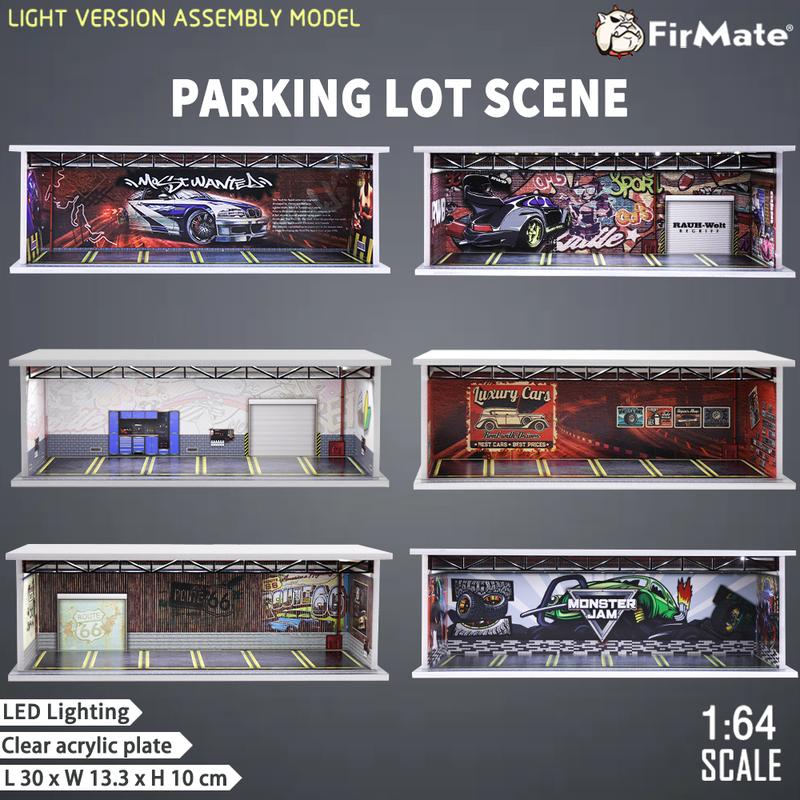 1 64 scale die-cast model car scenarios display case with LED light and Acrylic Cover, Scenes Parking lot diorama storage garage box with 6 Parking Spaces