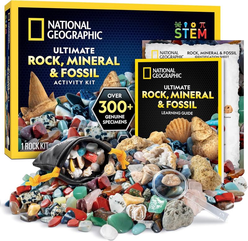 NATIONAL GEOGRAPHIC Rock Collection Box for Kids – 300 Piece Gemstones and Crystals Set Includes Geodes and Real Fossils, Rocks and Minerals Science Kit for Kids, A Geology Gift for Boys and Girls