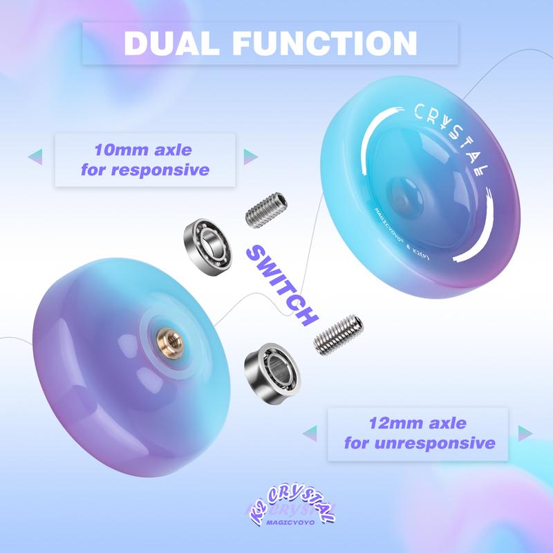 Crystal Yoyo K2 - Professional Responsive Yoyo for Kids Beginners, Dual Purpose Yo-Yo for adults Advanced + Extra Unresponsive Yoyo Bearing + 12 Yo Yo Strings+Storage Bag + Removal Tool ( Blue Purple)