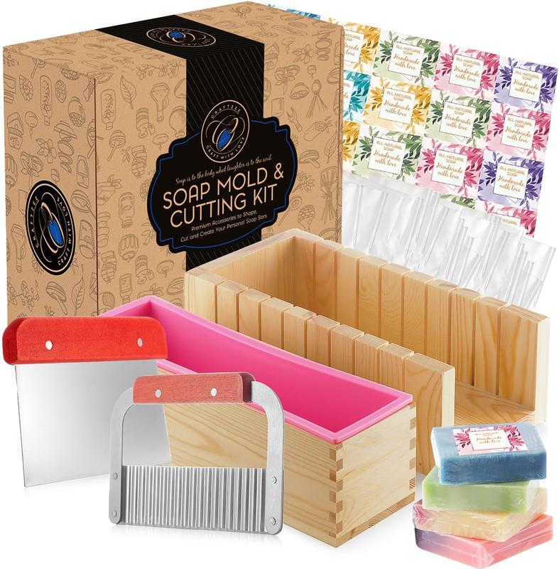 CraftZee Soap Mold and Cutting Kit with Soap Cutter, Silicone Mold with Wooden Box, Wavy and Straight Scraper, Personalized Labels and Plastic Bags