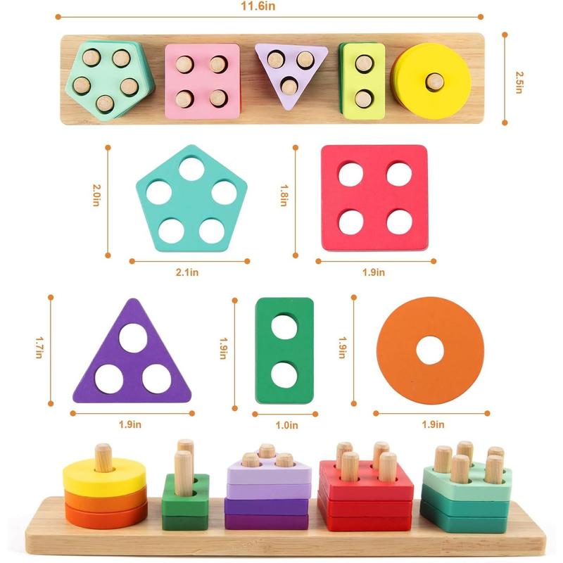 Montessori Toy Boy Girl, Wooden Blocks & Stacking Toys , Color Recognition Shape Sorter Educational Wooden Toys Preschool Learning Puzzle Gift